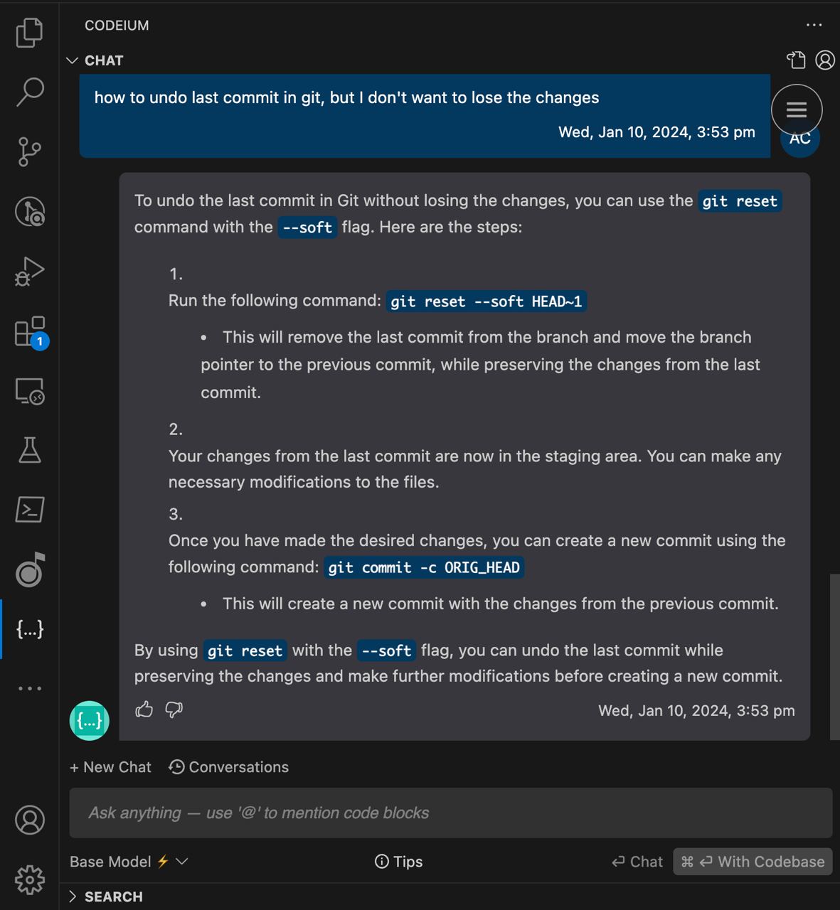 Пару месяцев назад я упоминал codeium — бесплатную альтернативу копайлоту. На новогодних праздниках наконец-то попробовал его на своём пет-проекте, и довольно часто он действительно ускоряет разработку. На скриншотах можно увидеть как codeium: 6